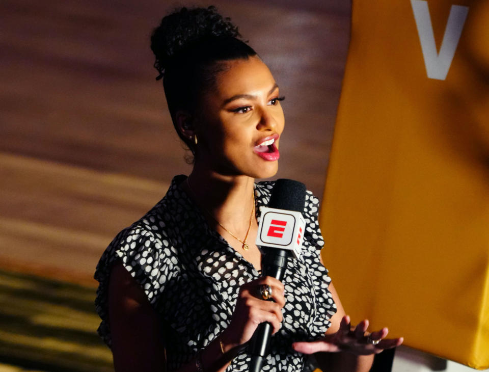 Malika Andrews will host a new hour-long NBA show for ESPN this fall. (Mark J. Rebilas-USA TODAY Sports)