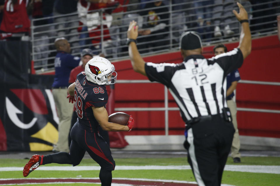 Arizona Cardinals wide receiver Andy Isabella (89) scores a touchdown against the San Francisco 49ers during the second half of an NFL football game, Thursday, Oct. 31, 2019, in Glendale, Ariz. (AP Photo/Ross D. Franklin)