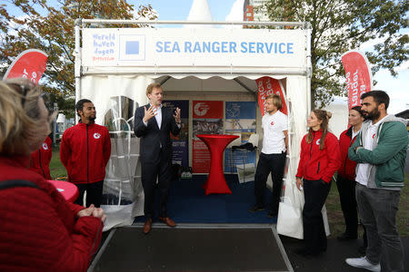 Dutch environmental-activist-turned social-entrepreneur Wietse van der Werf speaks to the Sea Ranger Service in Rotterdam, Netherlands, September 7, 2018. REUTERS/Eva Plevier