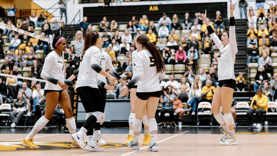 The Missouri volleyball team during a home win over Auburn on Nov. 12, 2023.