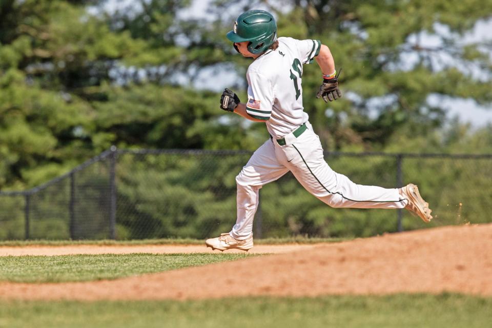 Saint Mark's junior Tyler Mosher (19) runs towards home base against Sussex Tech during the baseball game at Saint Mark's in Milltown, Thursday, May 18, 2023. Saint Mark's won 13-6.