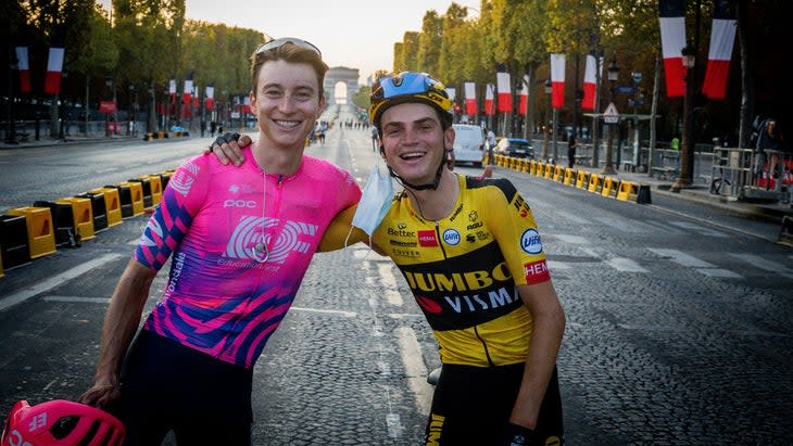 NIelson Powless and. Sepp Kuss after stage 21 of the 2020 Tour de France