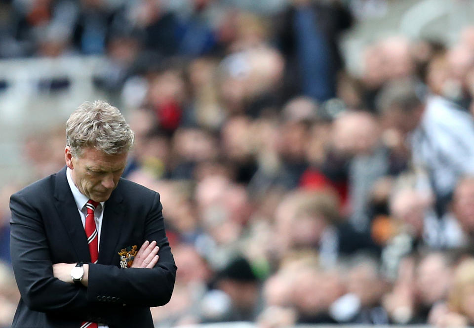 FILE - This Saturday, April 5, 2014 file photo shows Manchester United's manager David Moyes during their English Premier League soccer match against Newcastle United at St James' Park, Newcastle, England. Moyes was fired as Manchester United manager on Tuesday, April 22, 2014, paying the price for the club's spectacular and sudden decline in his 10 months in charge since replacing Alex Ferguson.(AP Photo/Scott Heppell, File)