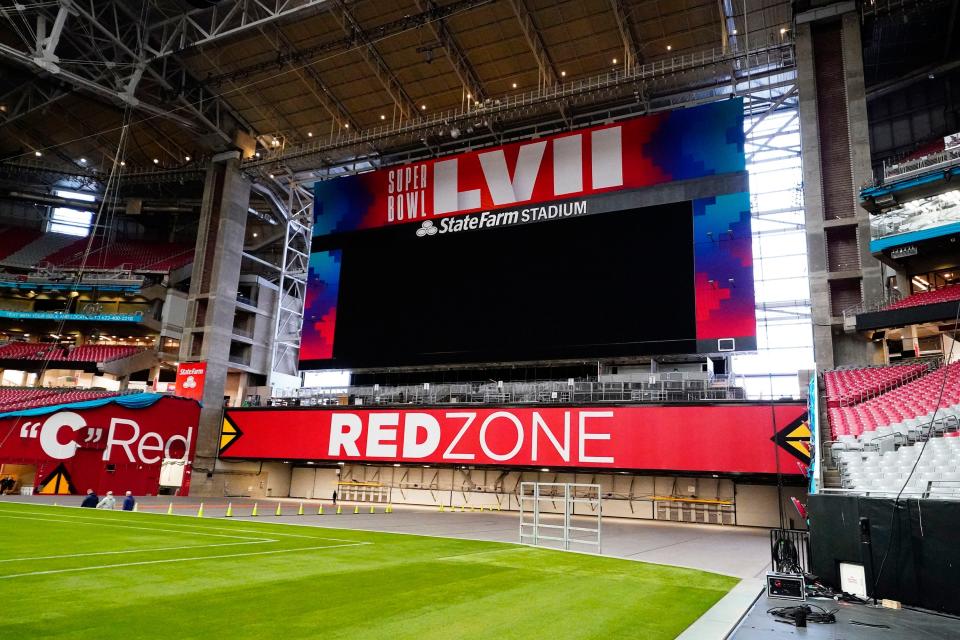 Jan 31, 2023; Glendale, AZ, USA; Stadium and field preparation is underway for Super Bowl LVII at State Farm Stadium. Mandatory Credit: Rob Schumacher-Arizona Republic