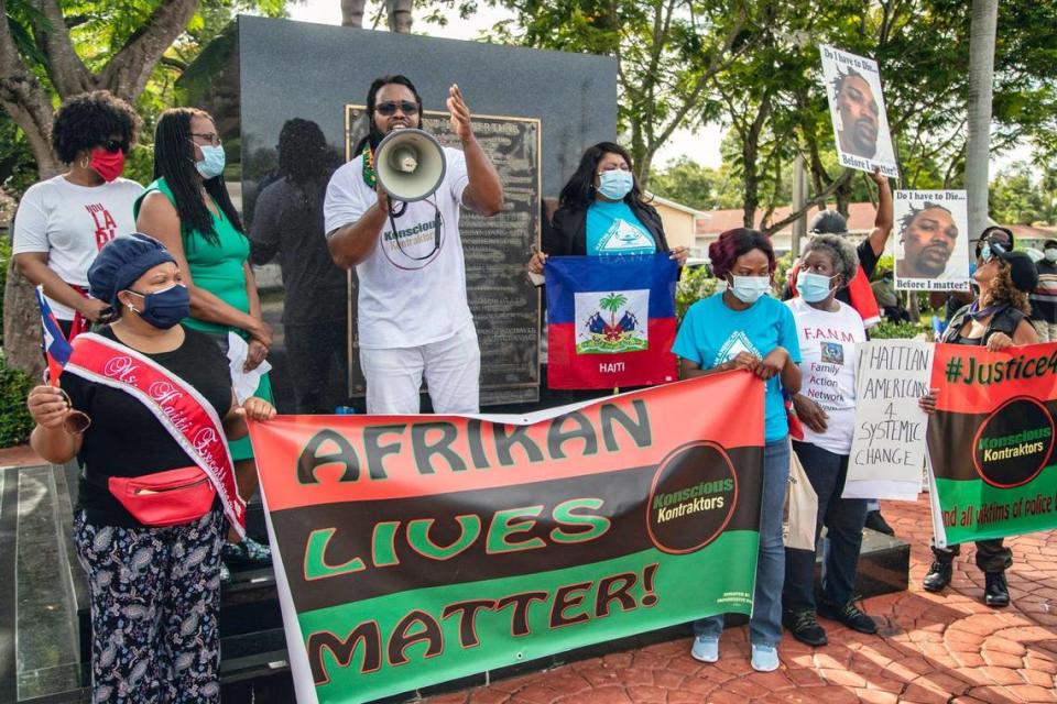 Francois Alexandre, 34, speaks during #Justice4Francois and all victims of police brutality rally in Little Haiti on Friday, June 19, 2020 in Miami.