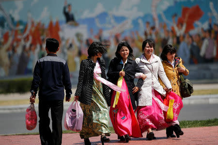 Women wear traditional clothes as North Korea prepares to mark Saturday's 105th anniversary of the birth of Kim Il-sung, North Korea's founding father and grandfather of the current ruler, in central Pyongyang, North Korea April 12, 2017. REUTERS/Damir Sagolj