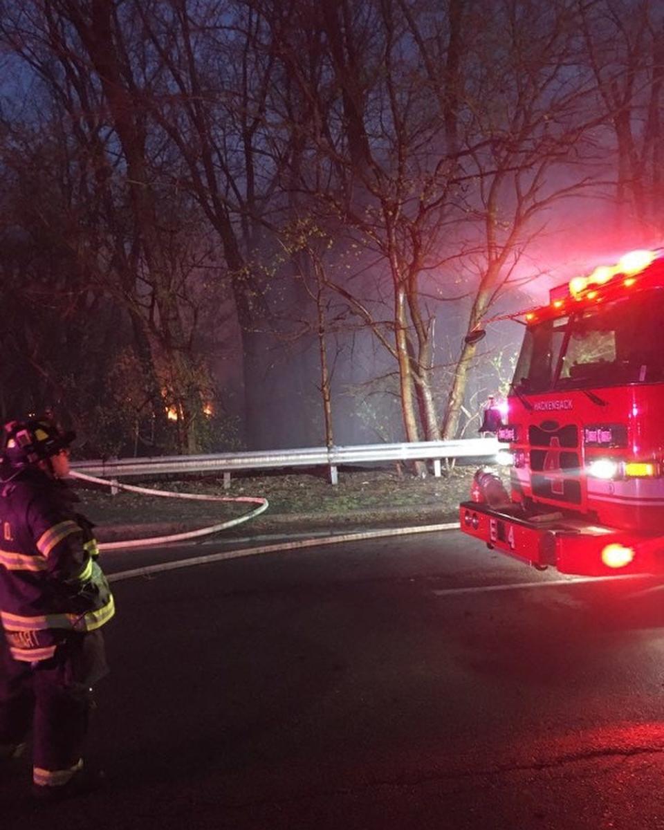 The Hackensack Fire Department on the scene of a 3-alarm brush fire in Teaneck Creek Conservancy.