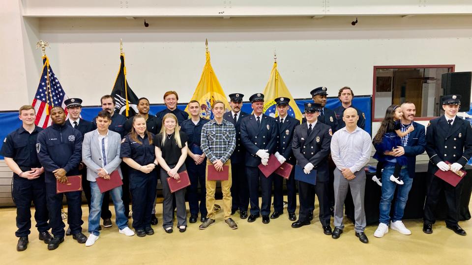 Members of the Summer and Fall 2022 First Year Firefighter class of the Somerset County Fire Academy at the Academy’s first in-person graduation since the pandemic began, at the Somerset County Emergency Services Training Academy in Hillsborough on Jan. 27.