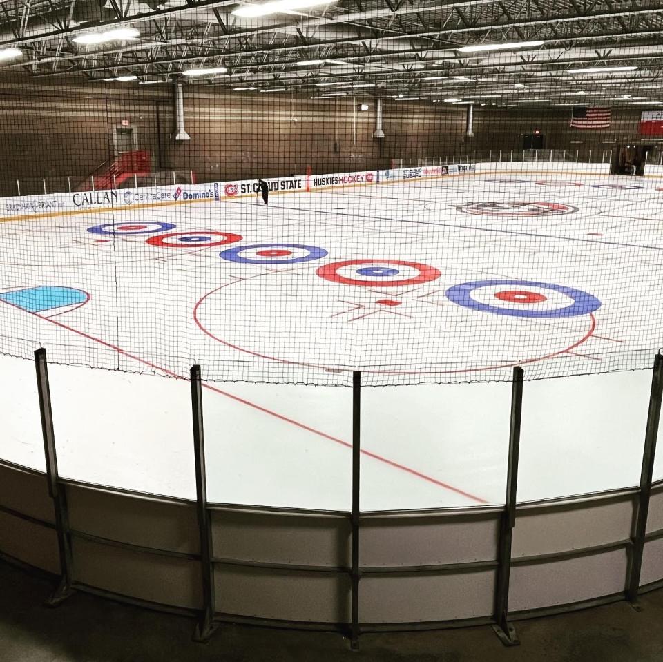 The practice ice at Herb Brooks National Hockey Center with new markings for Curling.