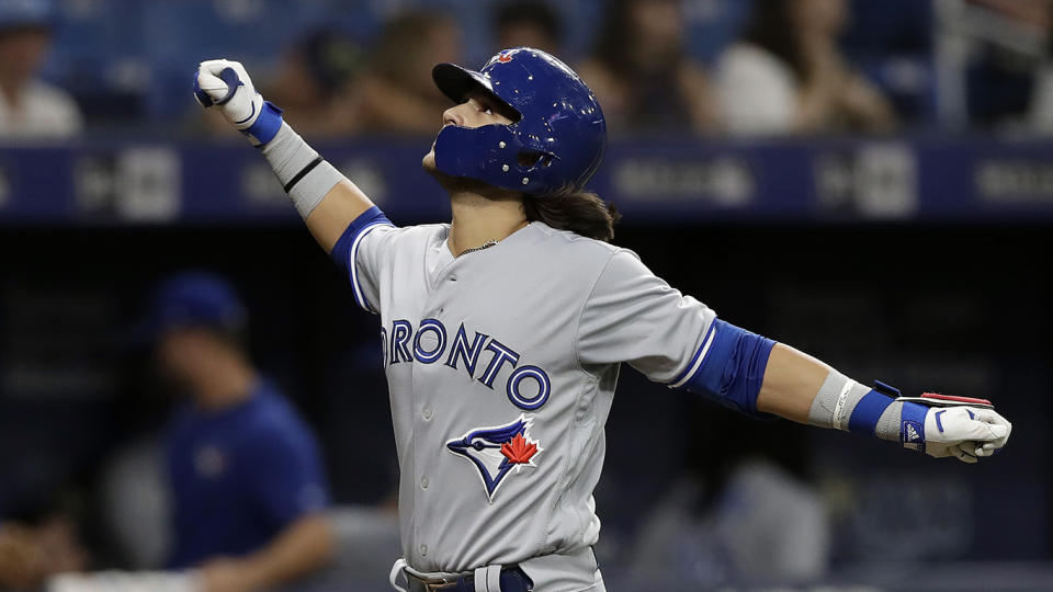 Bo Bichette refuses to cool down at the plate. (AP Photo/Chris O'Meara)