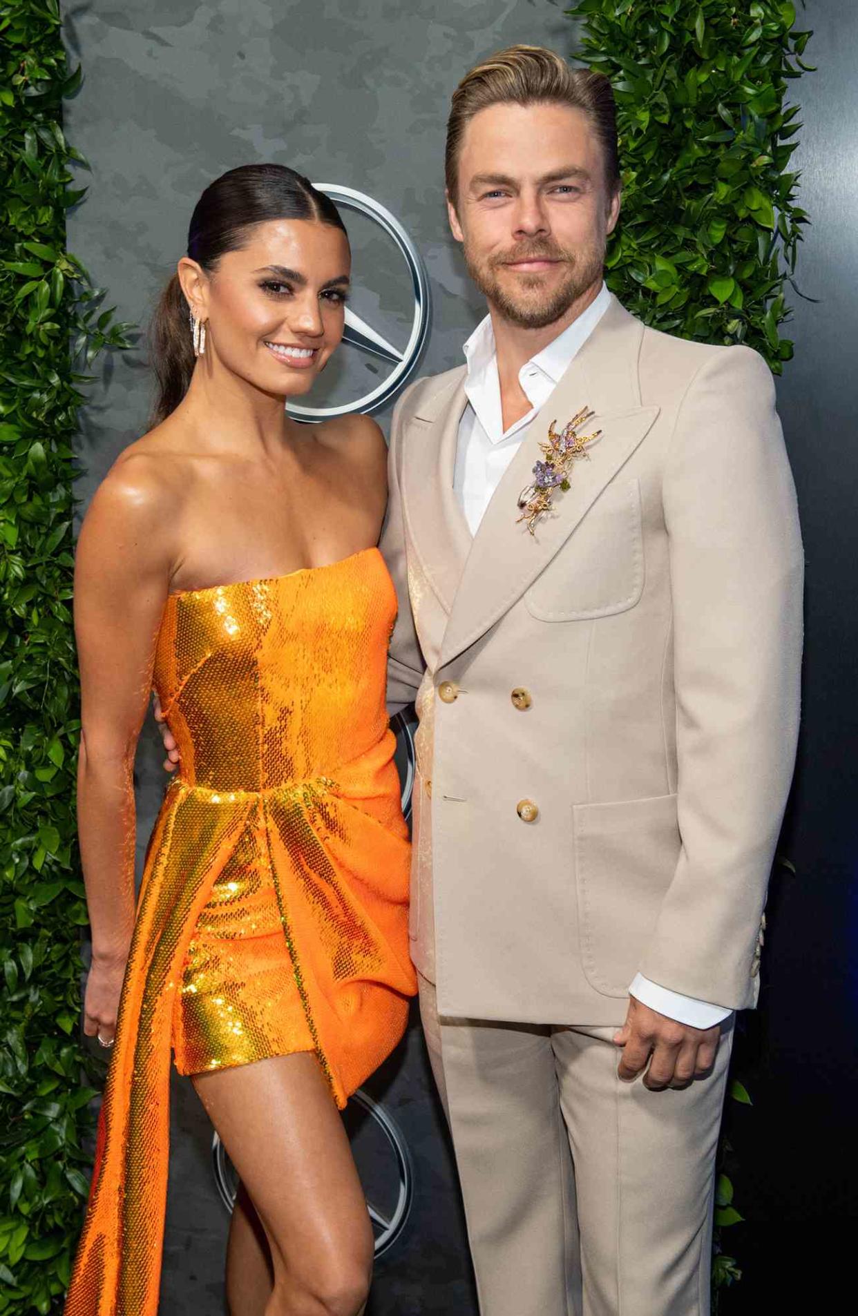 Hayley Erbert and Derek Hough arrive for the Mercedes-Benz Academy Awards viewing party at Four Seasons Hotel Los Angeles at Beverly Hills on March 27, 2022 in Los Angeles, California