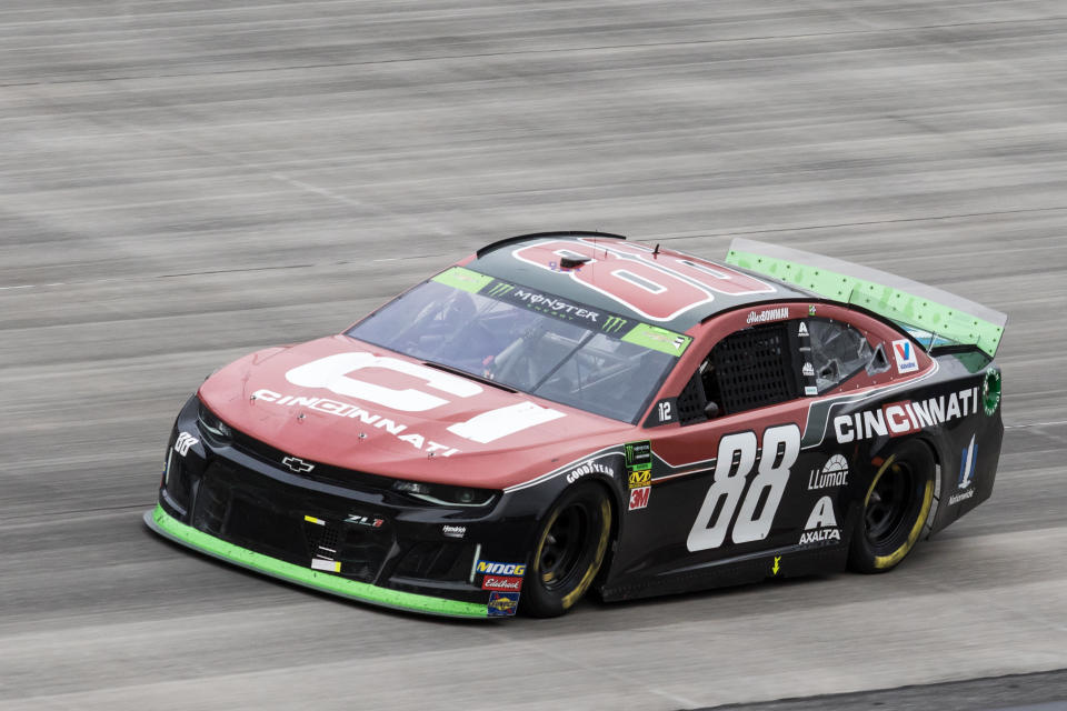 DOVER, DE - OCTOBER 06: Alex Bowman driver of the #88 Cincinnati Chevrolet exits turn 4 during the Drydene 400 Monster Energy NASCAR Cup Series Playoff Race on October 06, 2019, at Dover International Speedway in Dover, DE. (Photo by David Hahn/Icon Sportswire via Getty Images)