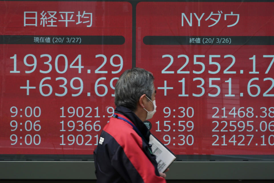 A man walks past an electronic stock board showing Japan's Nikkei 225 and New York Dow index at a securities firm in Tokyo Friday, March 27, 2020. Shares are mostly higher in Asia after stocks surged again on Wall Street with the approaching approval of a massive coronavirus relief bill by Congress. (AP Photo/Eugene Hoshiko)