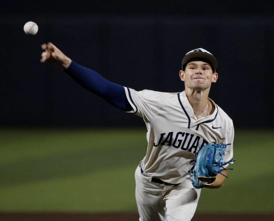 Flower Mound pitcher Zack James (7) works in the fifth inning during the Conference 6A Region 1 Semi-final baseball playoffs at Dallas Baptist University in Dallas, Texas, Friday May 24, 2024.