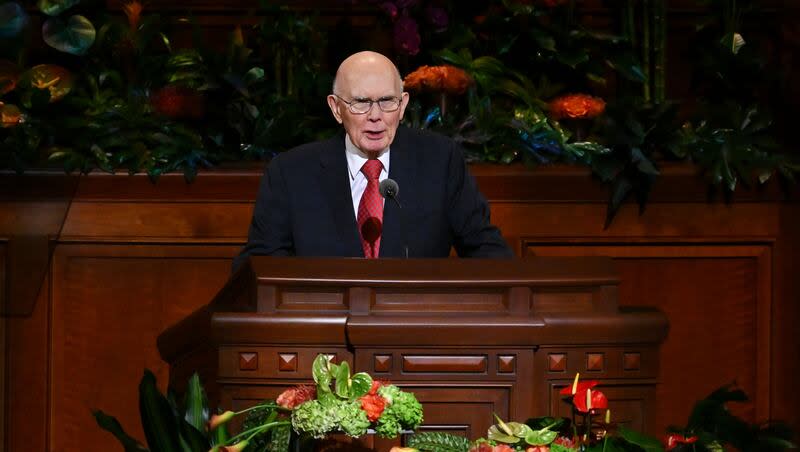 President Dallin H. Oaks, first counselor in the First Presidency of The Church of Jesus Christ of Latter-day Saints, speaks during the morning session of the 194th Annual General Conference of The Church of Jesus Christ of Latter-day Saints at the Conference Center in Salt Lake City on Sunday, April 7, 2024.