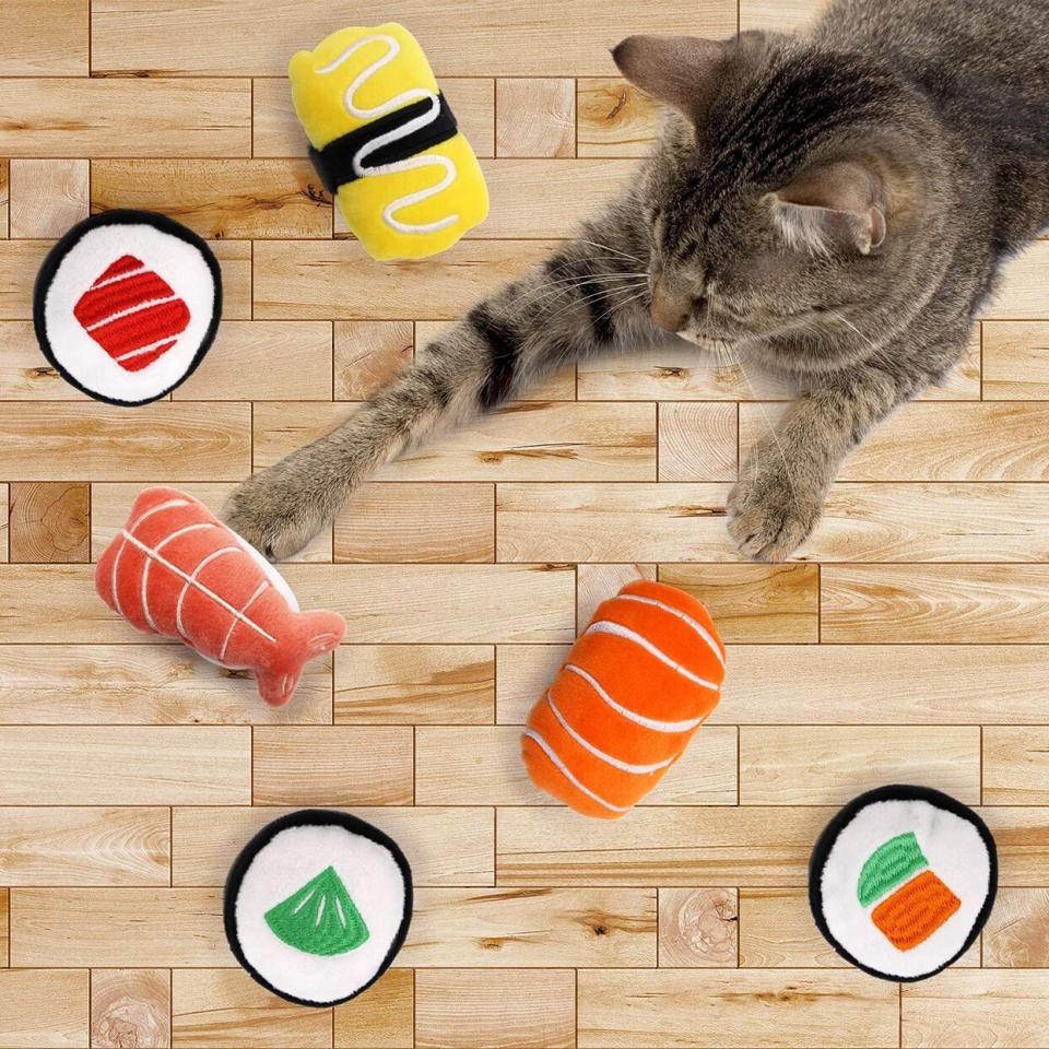 Cat playing with CiyvoLyeen 6 Pack Sushi Cat Toys