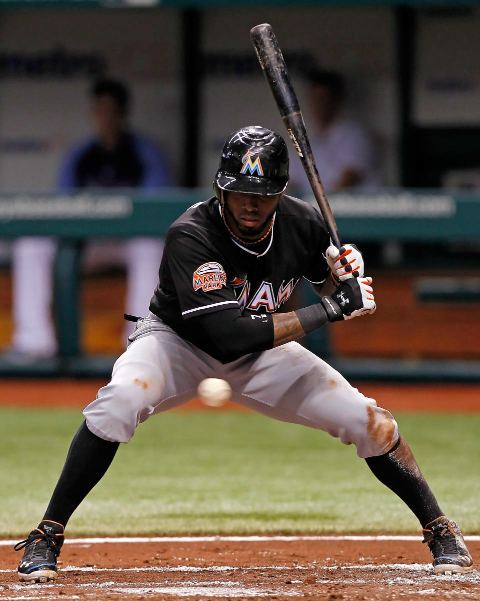 ST. PETERSBURG - JUNE 16: Infielder Jose Reyes #7 of the Miami Marlins takes a strike against the Tampa Bay Rays during the game at Tropicana Field on June 16, 2012 in St. Petersburg, Florida. (Photo by J. Meric/Getty Images)