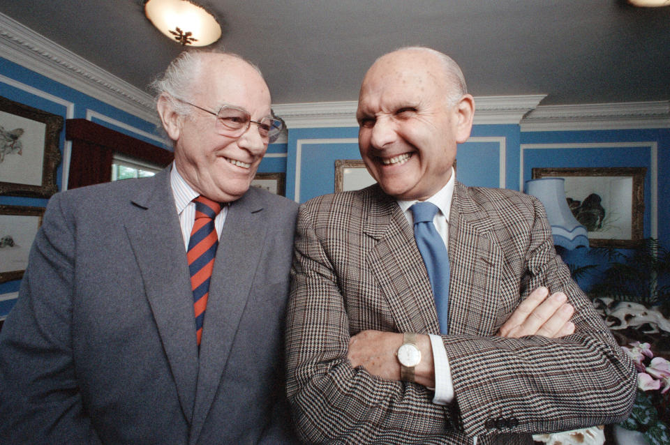 Carry On Columbus director Gerald Thomas (right) and Producer Peter Rogers pictured on location during filming at Pinewood Stios, 12th August 1992. (Photo by Ken Lennox/Mirrorpix/Getty Images)