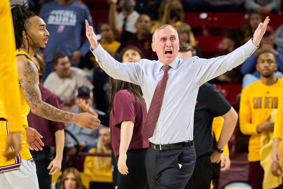 Nov 27, 2022; Tempe, Arizona, USA; Arizona State Sun Devils head coach Bobby Hurley reacts to a call against the Sun Devils at Desert Financial Arena in Tempe on Sunday, Nov. 27, 2022. Mandatory Credit: Alex Gould/The Republic