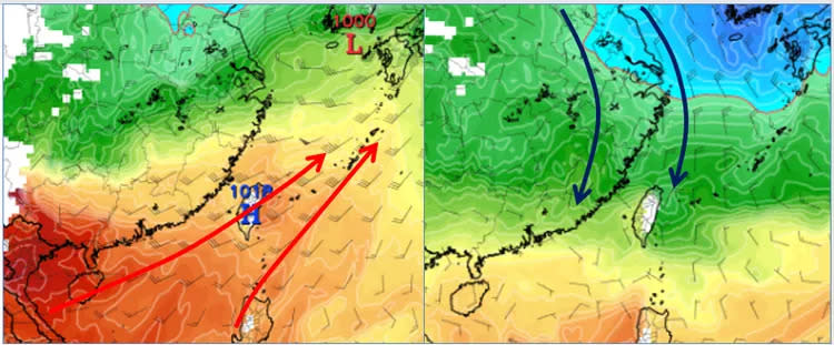 最新(1日20時)歐洲(ECMWF)模式、下週二(5日)20時850百帕溫度模擬圖顯示，「高壓迴流」型態、明顯回暖(左圖)。下週四(7日)20時850百帕溫度模擬圖則顯示，「大陸冷氣團」南下、明顯轉冷(右圖)。(圖擷自tropical tidbits)取自氣象應用推廣基金會
