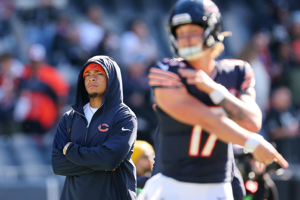 Justin Fields is expected to remain in street clothes in Week 8. (Michael Reaves/Getty Images)