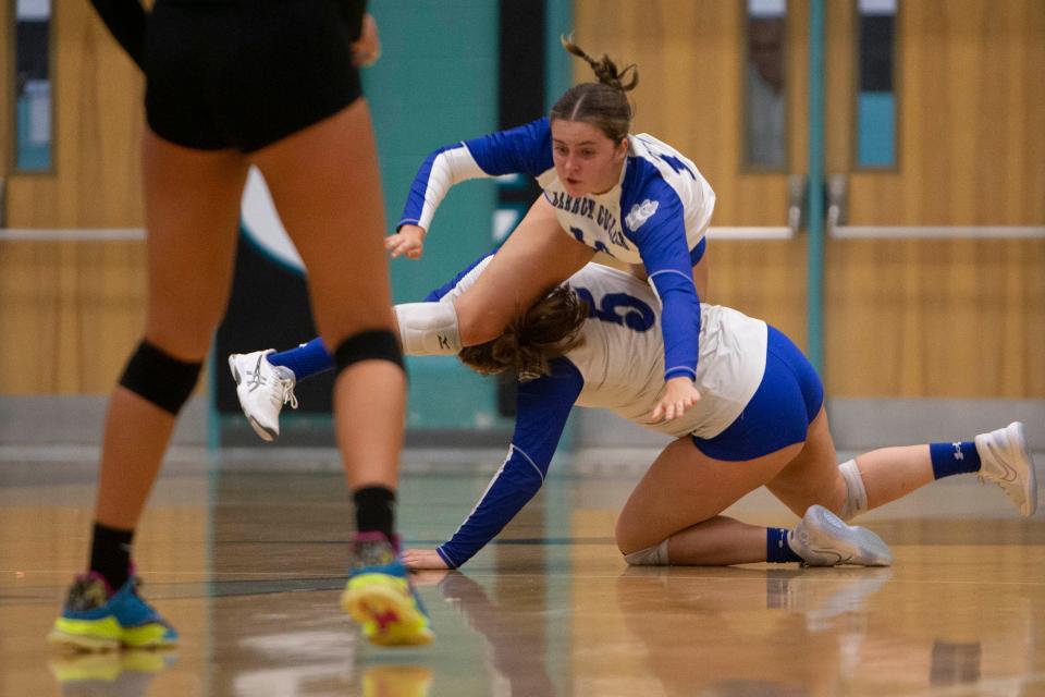 Barron Collier's Keira Kruk (10) and Barron Collier's Charlotte Mongin (5) collide during the FHSAA volleyball match between Barron Collier and Gulf Coast, Tuesday, Aug. 30, 2022, at Gulf Coast High School in Naples, Fla.Gulf Coast defeated Barron Collier in 3-0 sets.