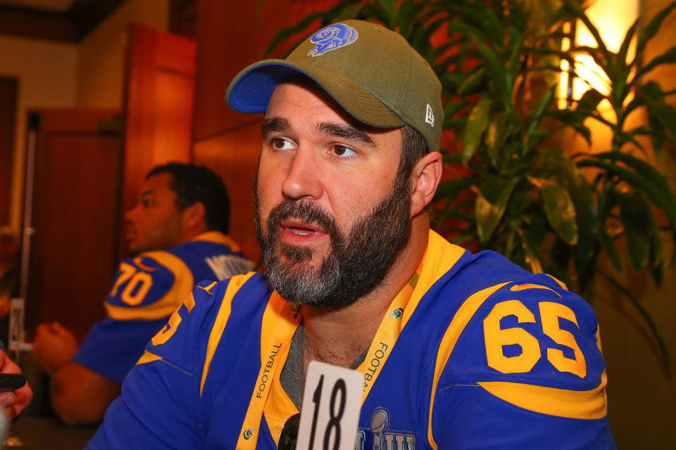 Los Angeles Rams center John Sullivan (65) answers questions before Super Bowl LIII. (Photo by Rich Graessle/Icon Sportswire via Getty Images)