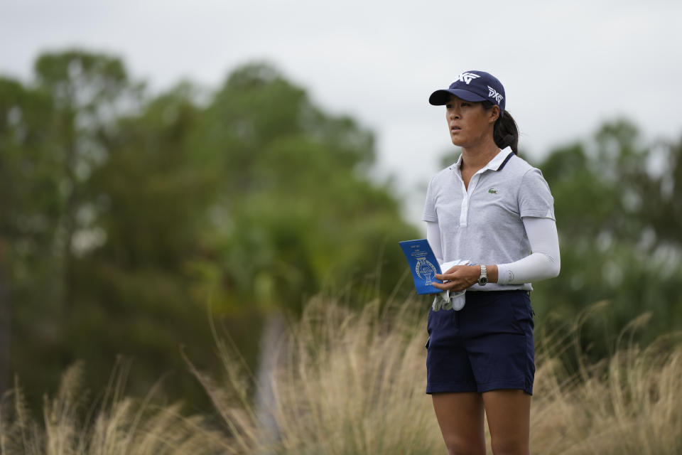 Celine Boutier, of France, prepares to tee off on the second hole during the third round of the LPGA Tour Championship golf tournament, Saturday, Nov. 20, 2021, in Naples, Fla. (AP Photo/Rebecca Blackwell)