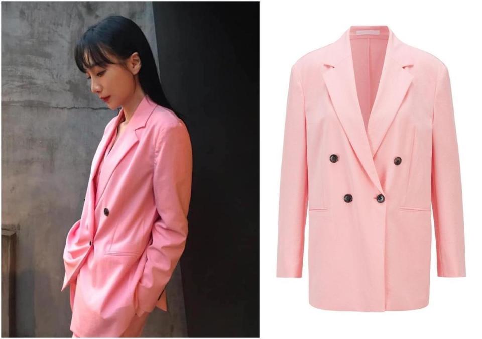 陽靚身穿BOSS粉色縐紗雙排扣西裝外套。NT$16,900