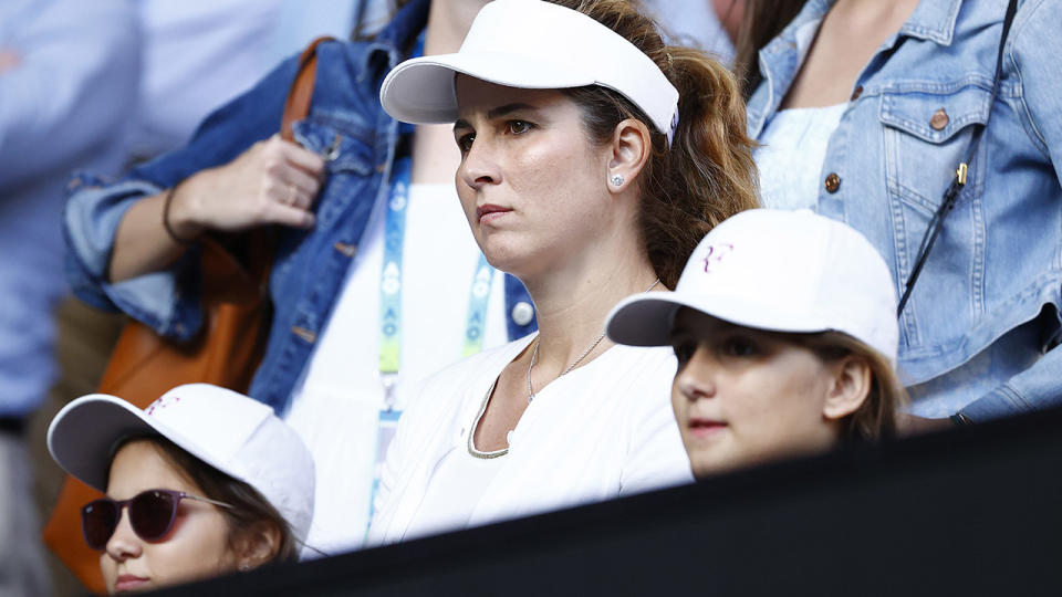 Mirka Federer and her daughters, pictured here watching on during the Australian Open in 2020.