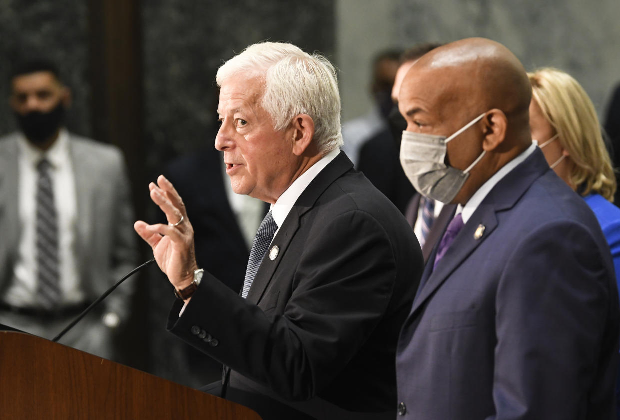 Assembly Judiciary Committee Chair Charles Lavine, D-Glen Cove, left, and Assembly Speaker Carl Heastie, D-Bronx, speak to reporters during a news conference about the next steps in its impeachment investigation of Gov, Andrew Cuomo. (Hans Pennink/AP)