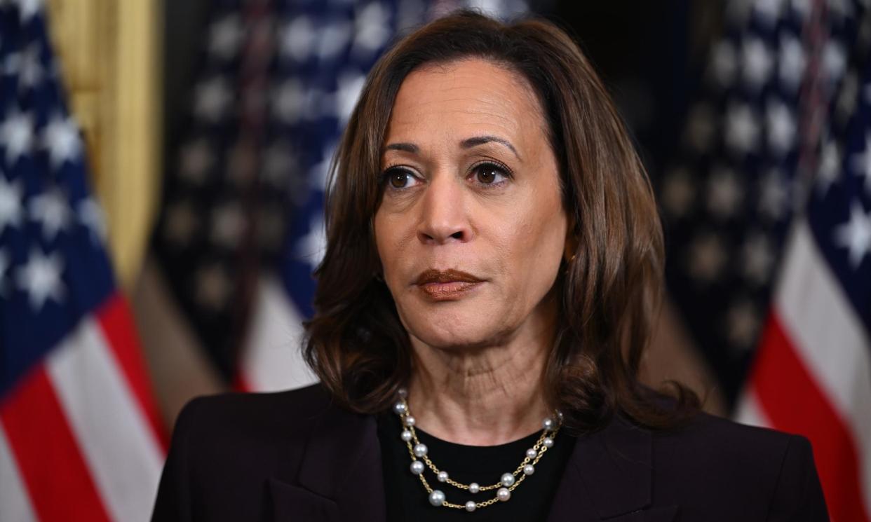 <span>Kamala Harris delivers remarks in the vice-president's ceremonial office in Washington DC, on 25 July 2024.</span><span>Photograph: Kenny Holston/EPA</span>