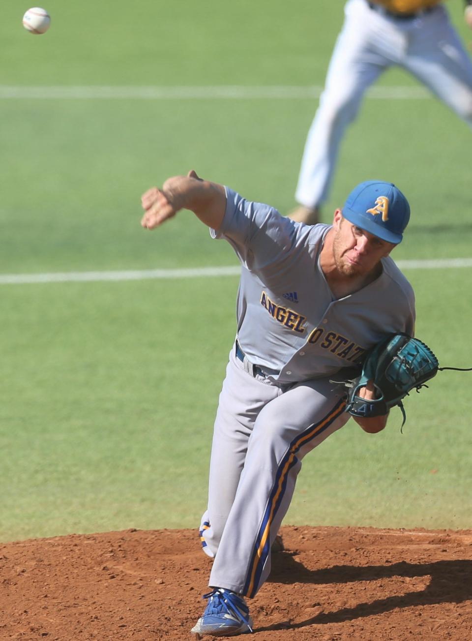 Angelo State University's Carson Childers fires a pitch against Texas A&M-Kingsville during the final game of the South Central Regional Section I Tournament at Foster Field at 1st Community Credit Union Stadium on Saturday, May 21, 2022.