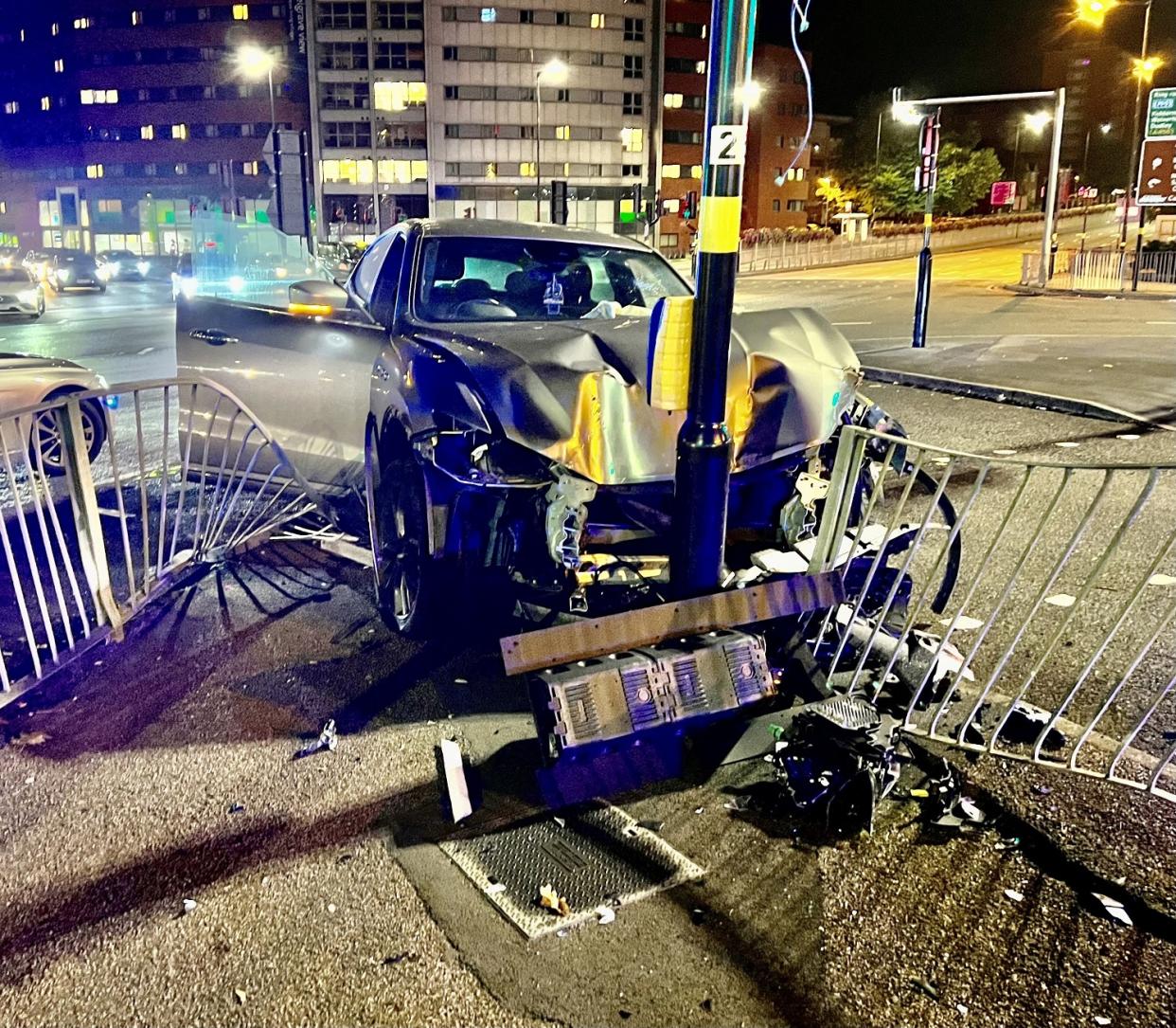 A drunk driver smashed up a £70,000 Maserati Levante supercar after losing control and ploughing into a set of traffic lights in Birmingham (SWNS)