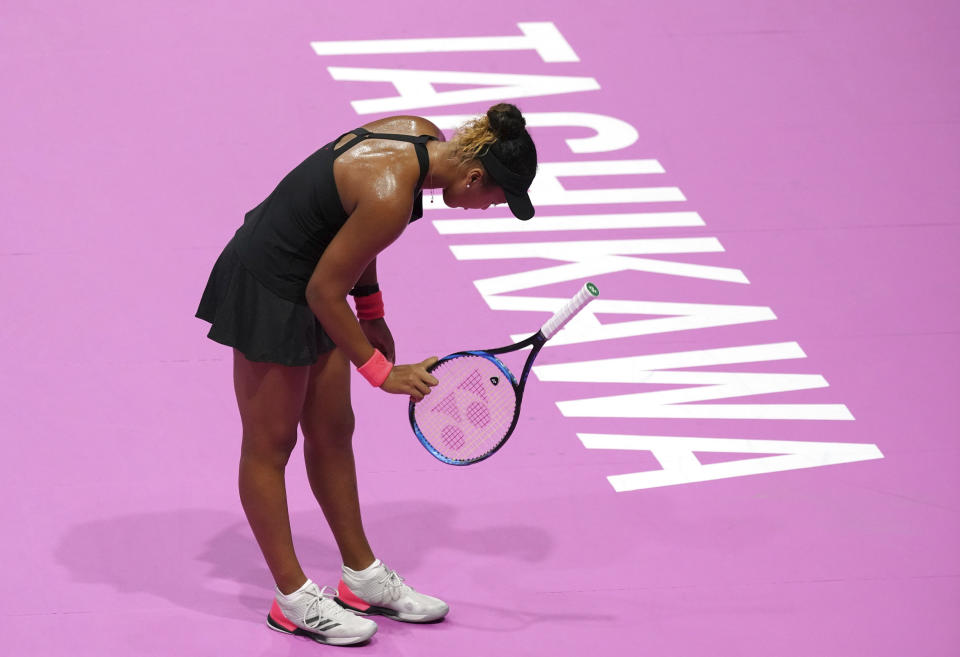 Naomi Osaka, of Japan reacts after loosing point against Karolina Pliskova, of Czech Republic during the final match of the Pan Pacific Open women's tennis tournament in Tokyo Sunday, Sept. 23, 2018. (AP Photo/Eugene Hoshiko)