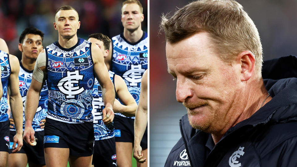 The Carlton Blues leave the ground on the left, and coach Michael Voss is pictured on the right.