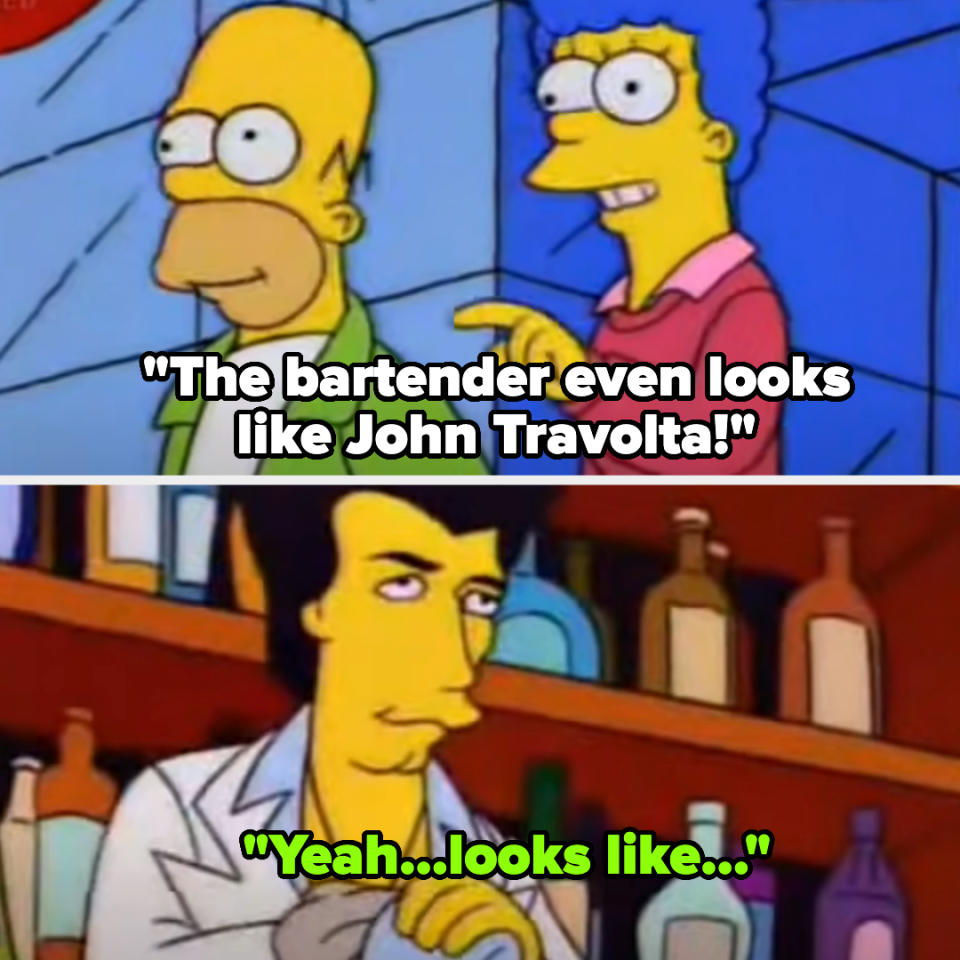 Homer Simpson and Marge with an animated John Travolta look-alike bartender. Text: "The bartender even looks like John Travolta!" "Yeah...looks like..."