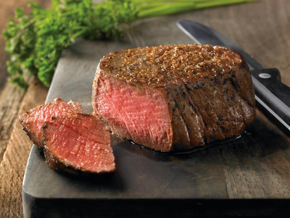 Outback offers seven cuts of steak: sirloin, ribeye, New York strip, bone-in ribeye, filet mignon (shown above), porterhouse and prime rib.