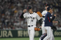 Shohei Ohtani of Japan is replaced during the fifth inning of the quarterfinal game between Italy and Japan at the World Baseball Classic (WBC) at Tokyo Dome in Tokyo, Japan, Thursday, March 16, 2023. (AP Photo/Toru Hanai)