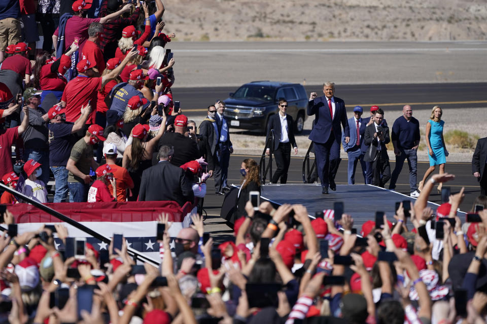 President Donald Trump arrives at a campaign rally Wednesday, Oct. 28, 2020, in Bullhead City, Ariz. (AP Photo/John Locher)