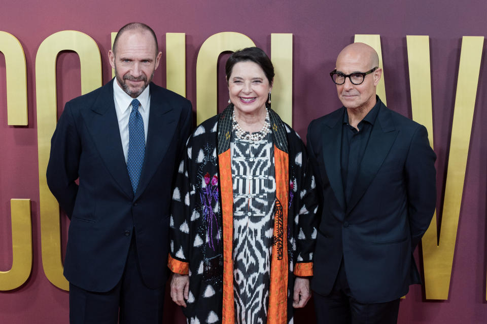 <p>Ralph Fiennes, Isabella Rossellini and  Stanley Tucci attend the premiere of Conclave on October 10, 2024. (Getty Images)</p>
