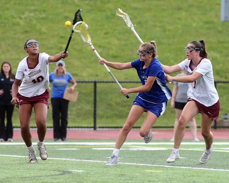 Norwell's Caroline Burtch fires a shot on goal that cut Newburyport’s lead to 13-10 with 7:05 left in their game against Newburyport in the Division 3 state final at Burlington High on Saturday, June 18, 2023. Norwell fell to Newburyport 13-10.