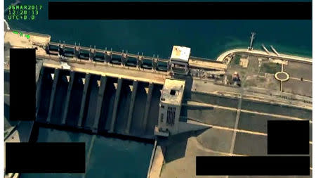 The Tabqa dam on the Euphrates river. Image released by Syrian Democratic Forces. Social Media Website via Reuters TV