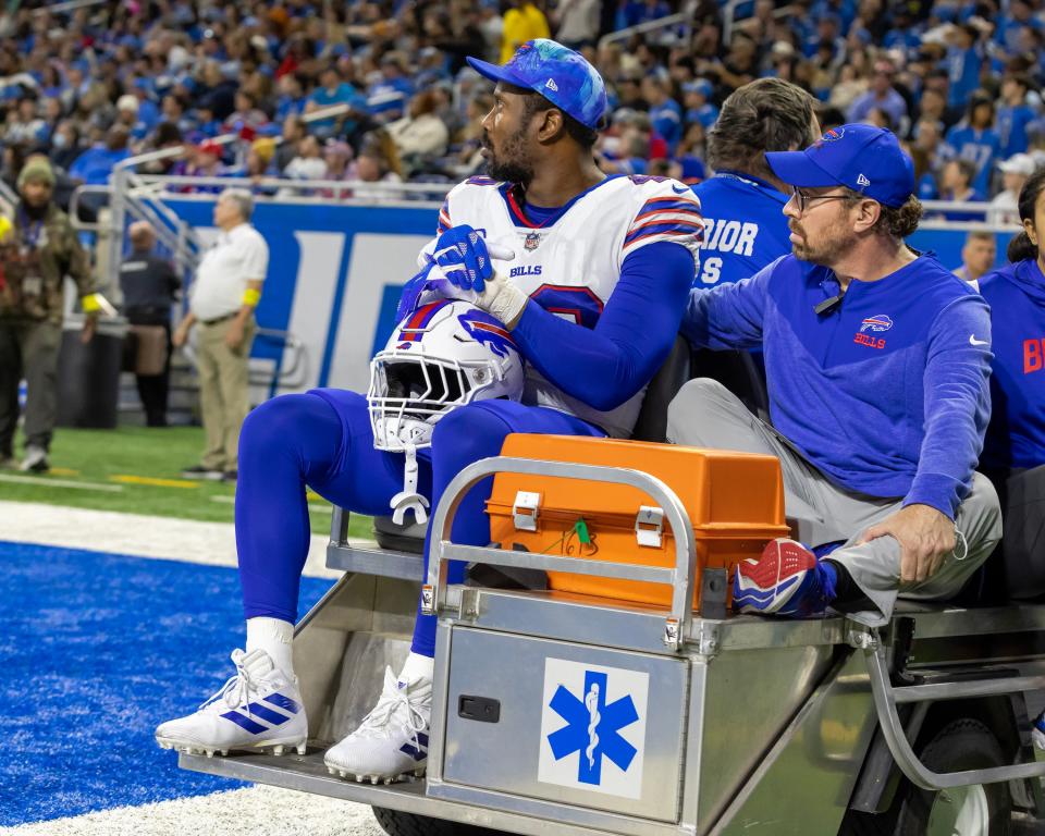 Bills linebacker Von Miller is carted off the field during the second quarter Thursday in Detroit.