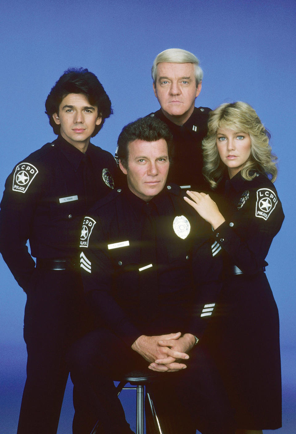 William Shatner front center starred opposite Adrian Zmed left, Richard Herd and Heather Locklear on T.J. Hooker, which debuted in 1982