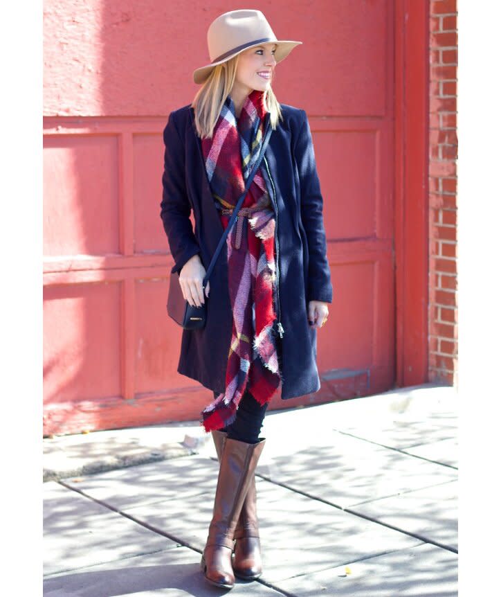 Blanket scarf belted with coat