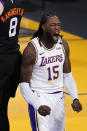 Los Angeles Lakers center Montrezl Harrell (15) reacts after being fouled during the first half of the team's NBA basketball game against the Phoenix Suns on Sunday, May 9, 2021, in Los Angeles. (AP Photo/Marcio Jose Sanchez)