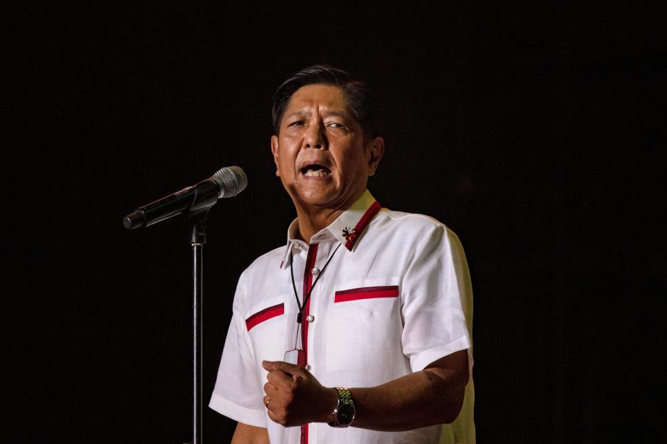Ferdinand "Bongbong" Marcos Jr. speaks to supporters during his last campaign rally before the election on May 07, 2022 in Paranaque, Metro Manila, Philippines. Candidates for the May 9 presidential elections held their final campaign rallies two days before millions of Filipinos head to the polls to elect the country's new set of leaders. The son and namesake of ousted dictator Ferdinand Marcos Sr., who was accused and charged of amassing billions of dollars of ill-gotten wealth as well as committing tens of thousands of human rights abuses during his autocratic rule, has mounted a hugely popular campaign to return his family name to power. Ferdinand "Bongbong" Marcos Jr. enjoys a wide lead in opinion polls against his main rival, Vice President Leni Robredo, owing to a massive disinformation campaign that has effectively rebranded the Marcos dictatorship as a "golden age." Marcos is running alongside Davao city Mayor Sara Duterte, the daughter of outgoing President Rodrigo Duterte who is the subject of an international investigation for alleged human rights violations during his bloody war on drugs.