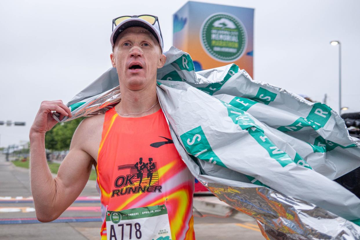 Korey Larson finishes first in the men’s full marathon with a time of 2:31:55 during the Memorial Marathon in Oklahoma City, on Sunday, April 28, 2024.