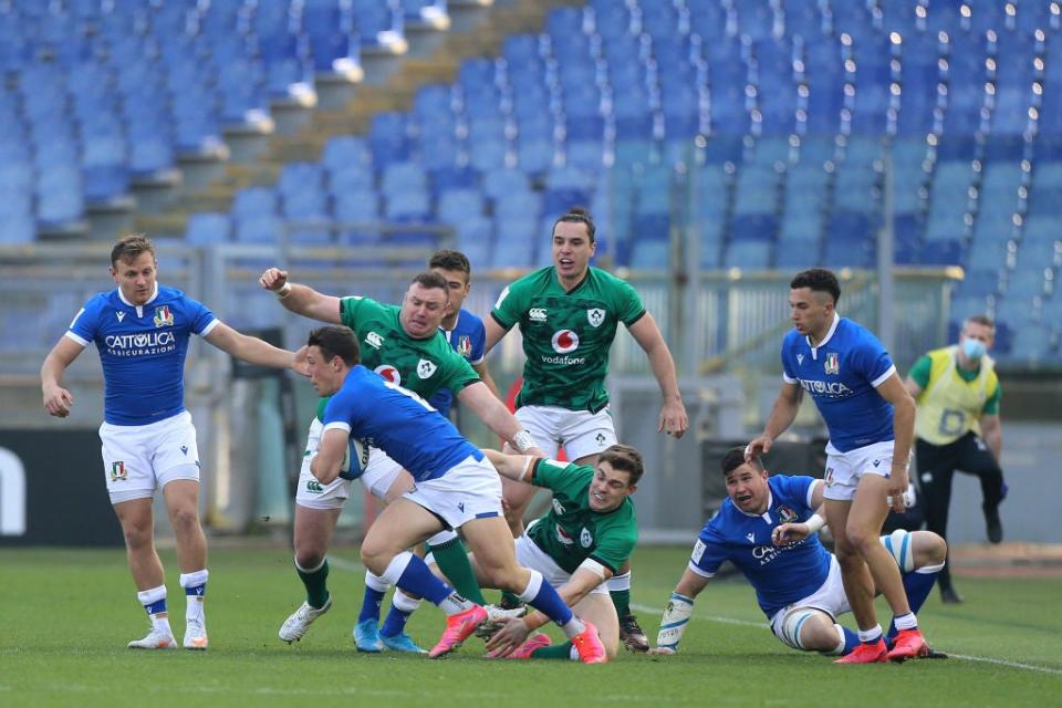 <p>Paolo Garbisi looks to break through during the Six Nations match between Italy and Ireland</p> (Getty)